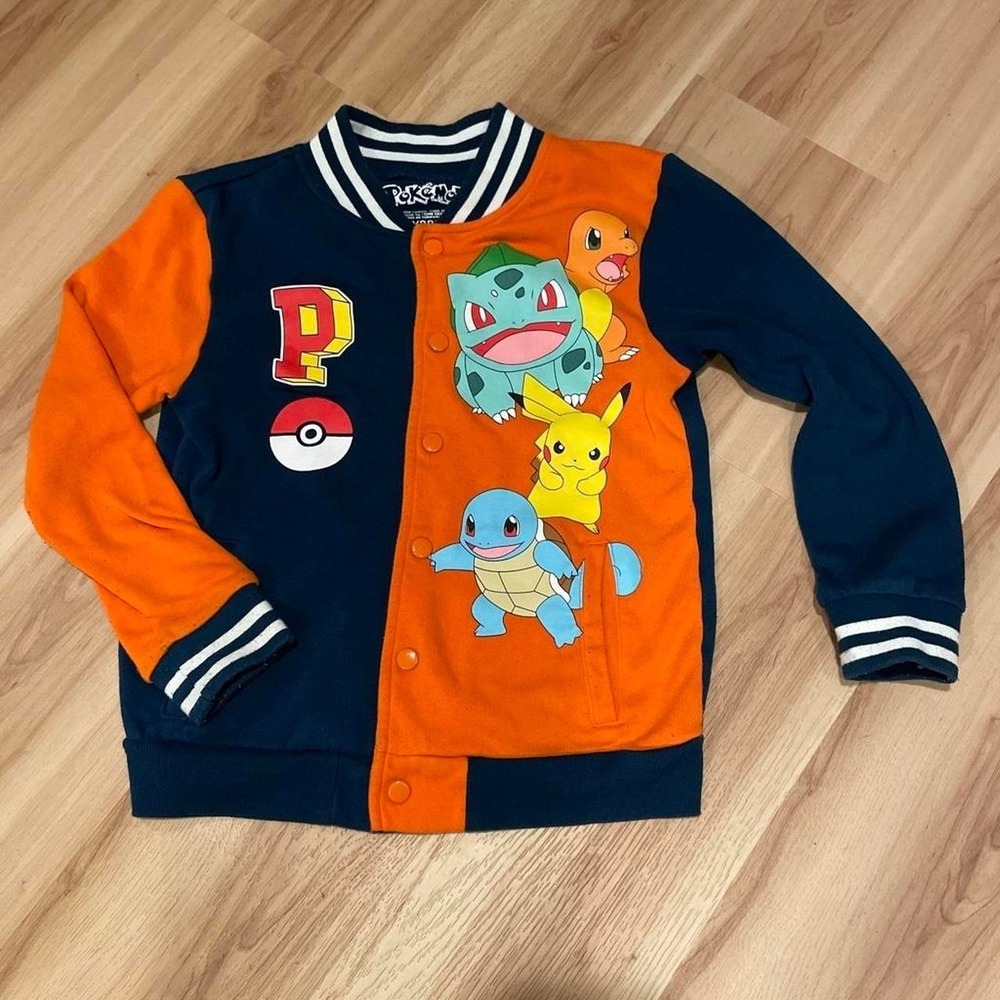 Pokemon Boys Jacket Varsity Letterman Pikachu Bulbasaur Medium Navy Orange